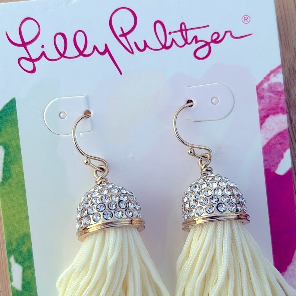 Brand New Lilly Pulitzer Resort White Tassel Earrings Gold Tone Rhinestone Drop - Picture 5 of 12